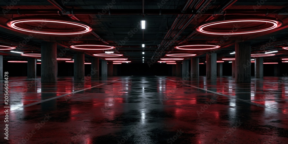 Naklejka premium Neon-lit empty parking garage with wet floor and pillars