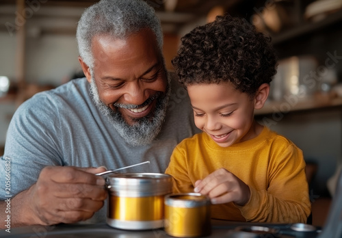 Joyful senior Black man and young boy bonding over a hands-on activity with small metal containers