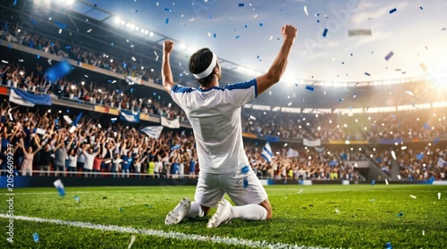 Soccer player celebrating victory in a stadium with cheering fans