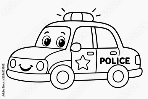 Friendly cartoon police car with a smiling face, star badge and siren light, drawn in black and white line art as a vehicle coloring page for children.
