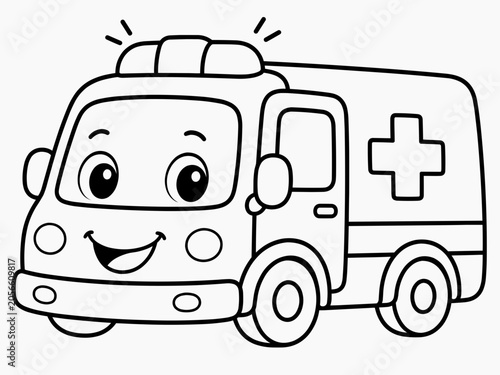 Cheerful cartoon ambulance with a smiling face and a medical cross, drawn in black and white line art as a fun emergency vehicle coloring page for kids.