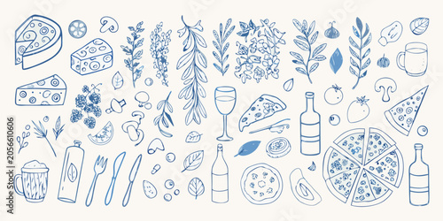 Foto Italian Food And Botanical Line Art Illustrations Blue Tone
