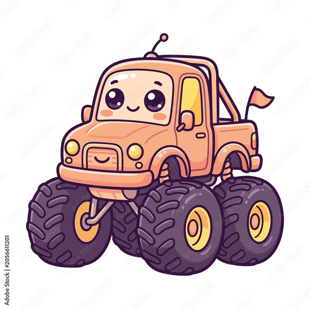 Naklejka premium Cute Kawaii Orange Monster Truck Character Adorable Cartoon Vehicle Illustration for Kids and Playful Designs