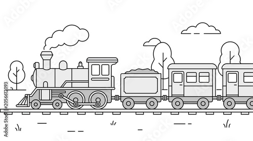 Schilderij op canvas Cartoon steam engine train and landscape line art.