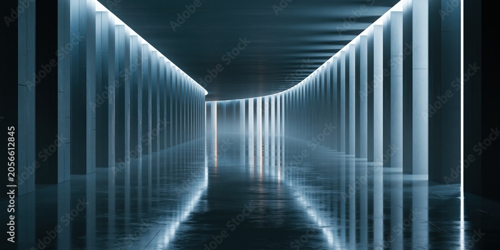 Naklejka premium Abstract modern corridor with glowing light tunnel and reflections