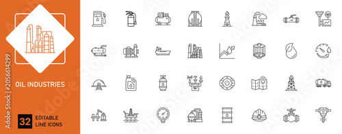 Billede på lærred Editable oil industry line icon set featuring refinery, pipeline, drilling, offshore platform, fuel, storage, monitoring and energy production symbols