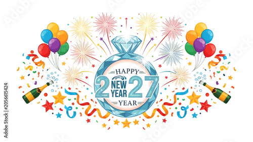 Photography New Year's Celebration 2027: Ring in the New Year with a vibrant display of fireworks, champagne, balloons, and confetti