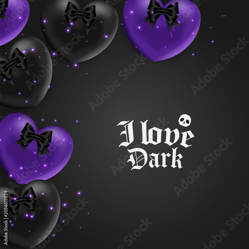 Gothic poster background with black and purple 3D hearts, bows and copy space. Vector illustration.