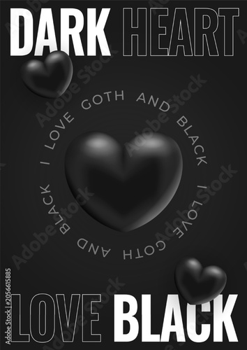 Dark heart typography poster with 3d black hearts on dark background in Gothic style. Vector illustration.