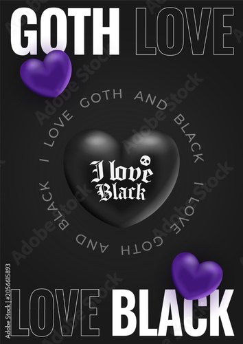 Goth love typography poster with 3d purple and black hearts on dark background in Gothic style. Vector illustration.