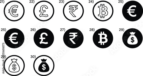 Photography International currency symbols set featuring euro pound rupee bitcoin and dollar money bags in circle icons