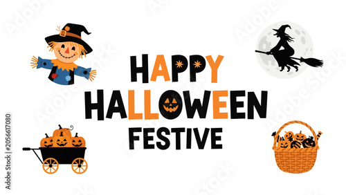 Photos Halloween Festive Graphic: A whimsical collection of Halloween-themed illustrations, including a cheerful scarecrow, a cackling witch on a broomstick, a wheelbarrow full of pumpkins