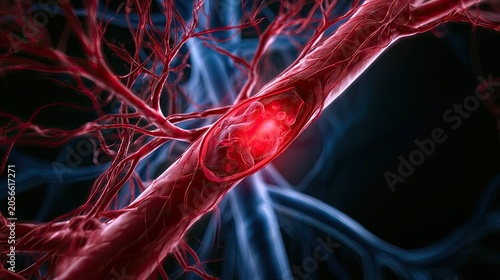 Microscopic view of a blood vessel with clotted red corpuscles and branching capillaries