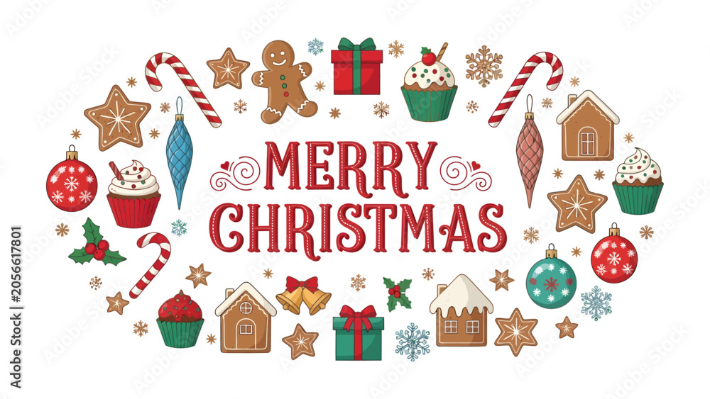 Fototapeta premium Festive Christmas Collage: A charming arrangement of festive Christmas elements including gingerbread cookies, candy canes, ornaments, gift boxes, and cupcakes.