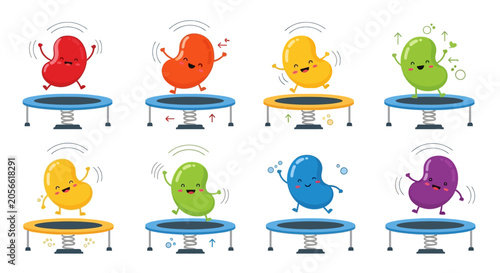 Obraz na plátne Cute Jelly Bean Characters Jumping on Trampolines Vector Illustration