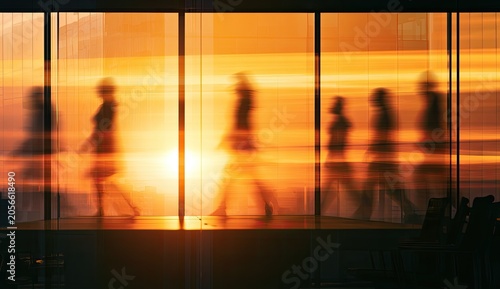 Silhouettes walk past a window as the sun sets, creating a warm glow
