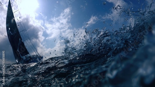 A lone sailboat navigates choppy, sunlit ocean waves under a dramatic sky