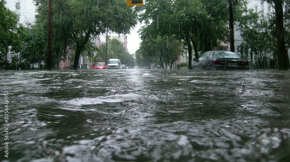 Fototapeta premium Urban street submerged in rising floodwaters, cars partially visible