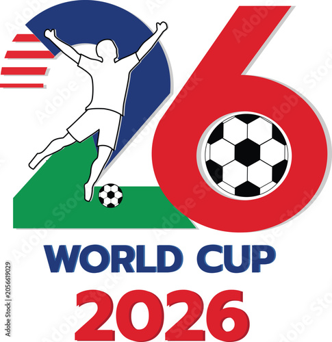 Soccer world championship 2026 vector design with football player silhouette and country flag colors.