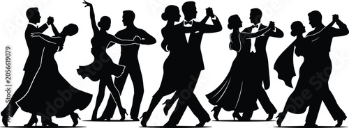 Foto Silhouettes of couples dancing ballroom and waltz, men in tuxedos, women in dres