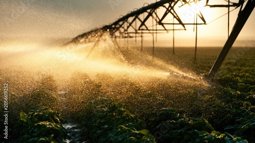 Golden sunset light illuminates a farm field with automated irrigation spraying water