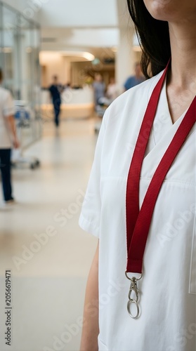 Healthcare worker wearing a red lanyard in a modern hospital hallway