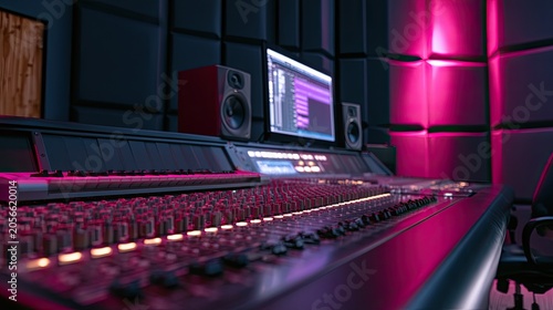 Professional audio mixing console with monitors and soundproofing