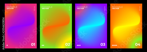 Abstract summer gradient posters vector templates set. Collection of four A4 vertical layout banners with vibrant colorful blurred neon waves and dynamic fluid light swirl backdrops EPS