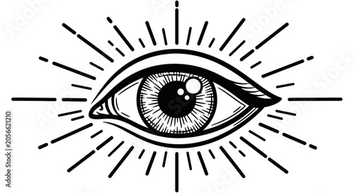 Foto Black and white illustration of an eye with sunburst lines