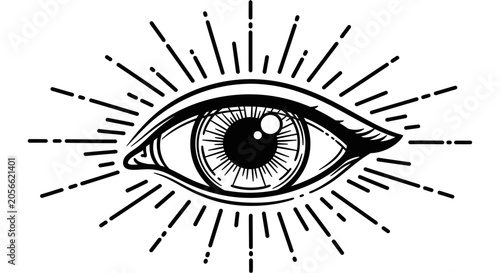 Billede på lærred A black and white illustration of an eye with sunburst lines around it