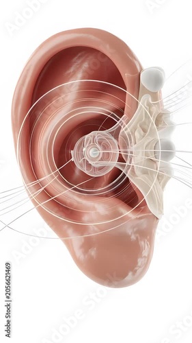 3D Illustration of Human Ear Anatomy with Cochlea and Nerve Pathways