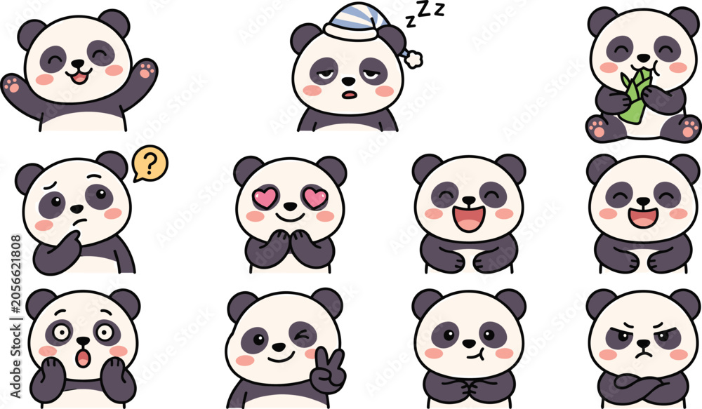 Obraz premium Cute cartoon giant panda bear emoji icon vector set showing various facial expressions emotions sleeping eating bamboo angry confused design elements