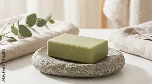A minimalist rectangular bar of olive green soap on a natural stone dish with linen towels and eucalyptus