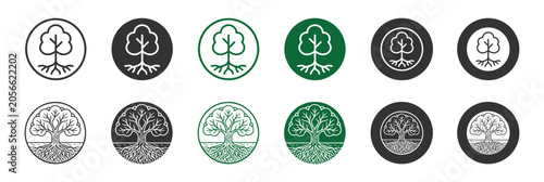 Eco Tree Emblem Collection with Roots Outline and Filled Icons
