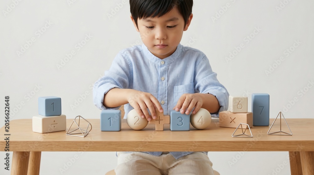 Fototapeta premium Young asian boy engages in creative math learning with geometric wooden number blocks and mathematical symbols on a wooden table in a bright minimalist studio