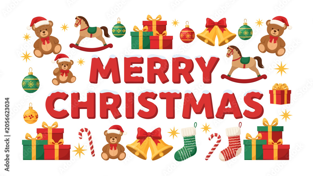 Fototapeta premium Christmas Celebration Collage: A vibrant collage of festive Christmas elements, including teddy bears, rocking horses, gifts, ornaments, candy canes, bells, and stockings.