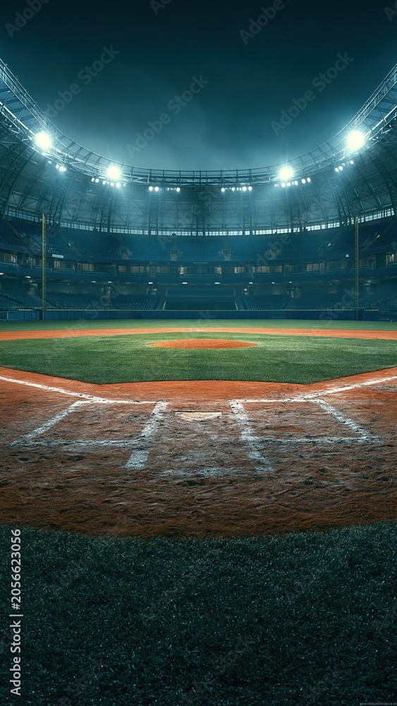 Naklejka premium Empty baseball stadium at night with bright floodlights and field