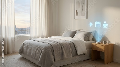 Smart home hub device projecting morning routine icons on bedroom wall