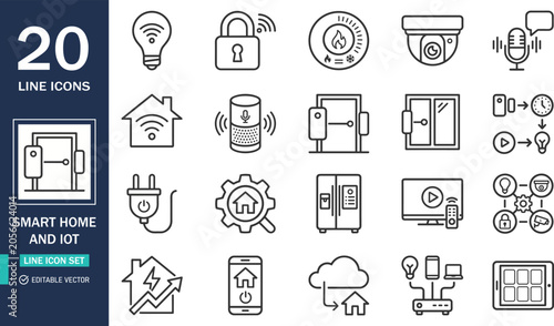Set of 20 smart home and iot line icons, vector illustration of home automation technology, connected devices, security, and energy management