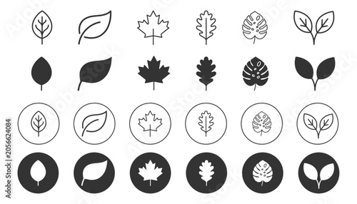 Leaf Icon Set Collection in Outline, Solid and Circular Badge Style
