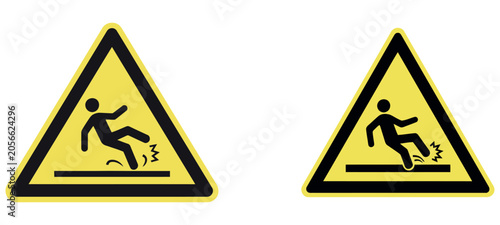 Картината върху платно Yellow triangular caution signs indicating a wet floor and risk of slipping for safety