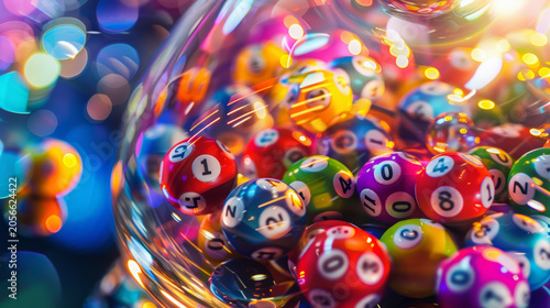 Colorful bingo balls spin inside a glass lottery drum in bright studio lights with a cinematic feel