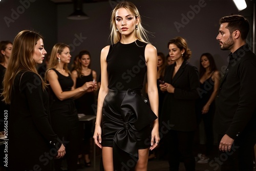 Elegant fashion model standing confidently in a stylish black outfit, surrounded by production crew and stylists preparing for a professional studio photoshoot or event