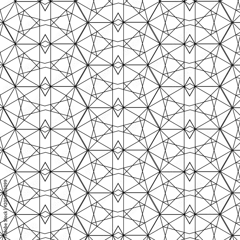 Obraz premium Abstract black and white geometric pattern with interlocking lines, triangles, and hexagons creating a complex architectural and technical structure design.