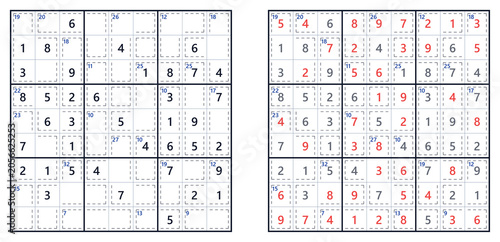 Quadro em tela Killer Sudoku puzzle with answers displayed on two grids, one with blank cells a