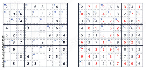 фотографія Killer Sudoku puzzle with answers displayed, featuring a challenging grid layout