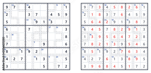 Photos Killer Sudoku puzzle with answers displayed, featuring a hard level grid layout,