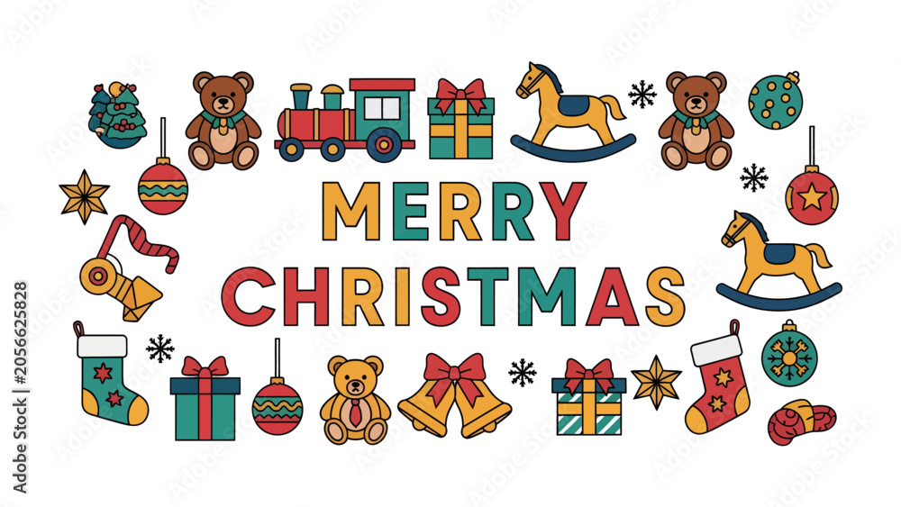 Fototapeta premium Christmas Toys Garland: A whimsical arrangement of classic Christmas toys, including teddy bears, rocking horses, and a toy train.