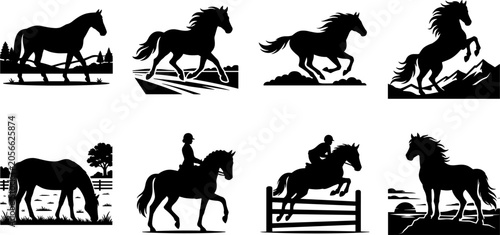 Billede på lærred Horse silhouettes in dynamic poses including walking, running, galloping, rearin