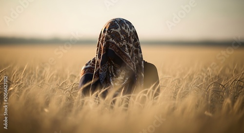Woman sitting in wheat field peacefully.